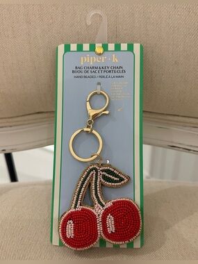 NWT Piper K Viral Red Beaded Cherry Bag Charm with Gold Hardware